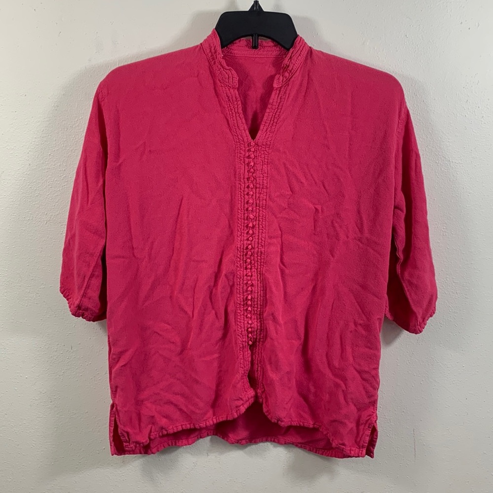 Moroccan Tunic Top Womens One Size Pink Canvas 3/4 Sleeve Traditional Shirt